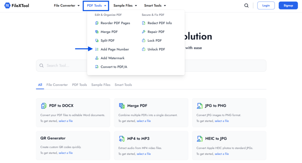 step 2 go to the pdf tools section and select add page numbers