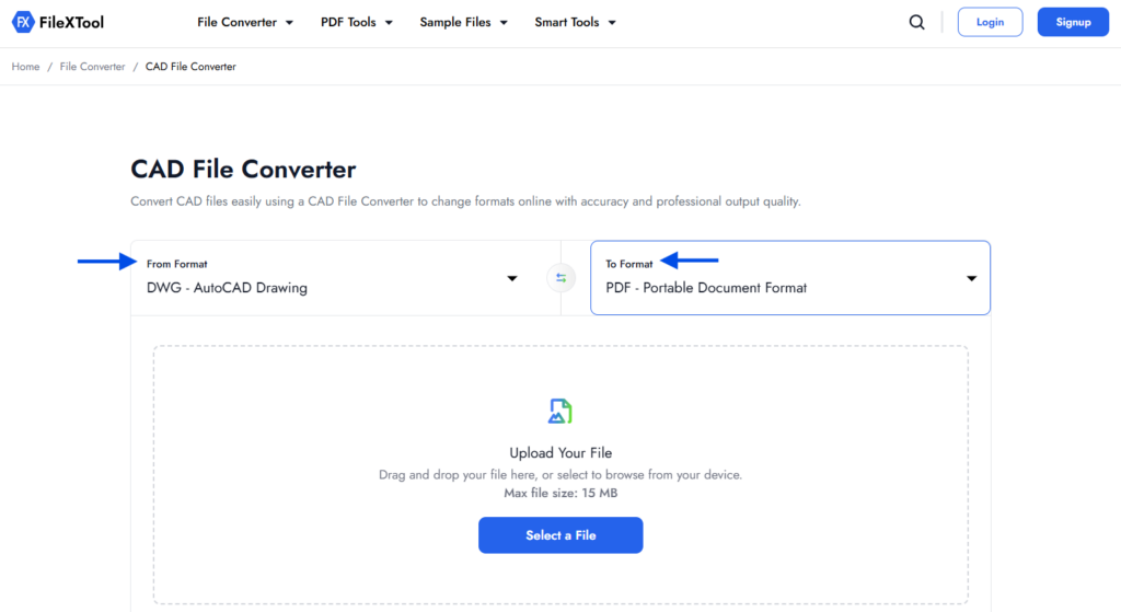 step 3 choose dwg in from format and pdf in to format