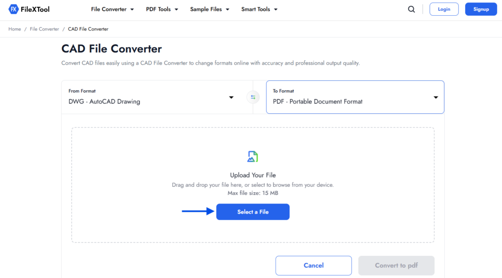 step 4 upload your dwg file by clicking on select a file