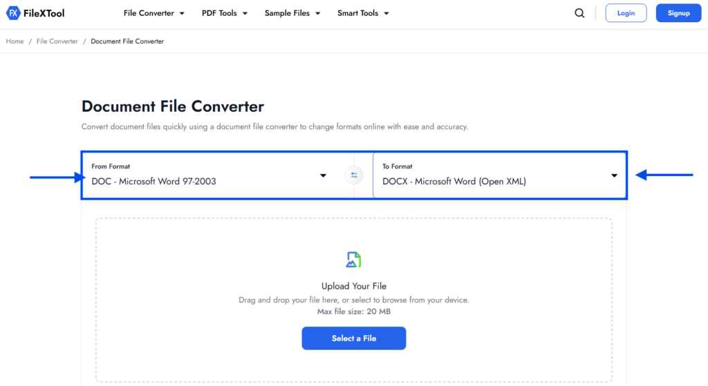 step 3 choose doc in from format and docx in to format