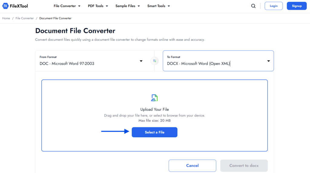 step 4 upload your doc file by clicking on select a file